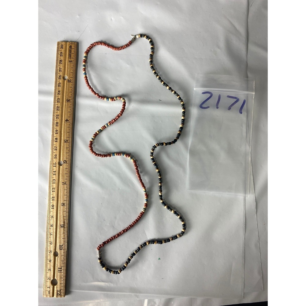 Vintage Handmade Boho Seed‎ Bead Wood Necklace Red Black Blue Tribal